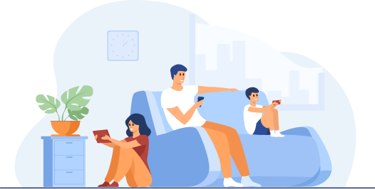 Family using devices on couch